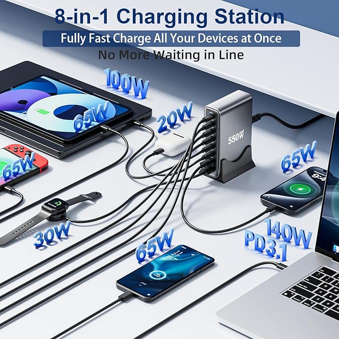 550W USB C Fast Charger Block, PD3.1 140W 8 Port USB Charging Station, GaN Ⅲ - Image 2