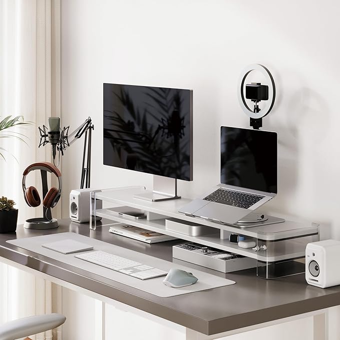 Fenge Acrylic Monitor Stand Riser, 2 Tier Wood Office Desk Storage Organizer - Image 7