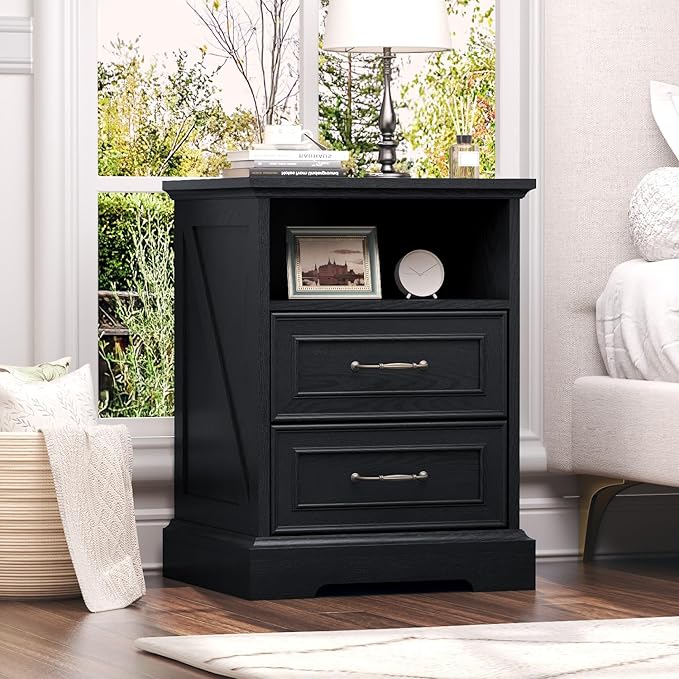 Nightstand with Charging Station, Rustic Farmhouse Wood Small Dresser, Bedside by Thacuok