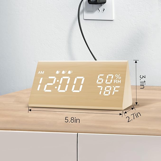 JALL Digital Alarm Clock, with Wooden Electronic LED Time Display, 3 Alarm - Image 7