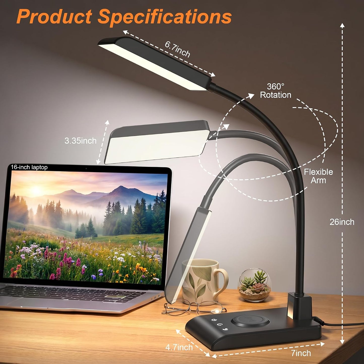 Desk Lamp with Wireless Charger, Desk Lamps for Home Office Night Light | 3 Color Modes with Stepless Dimming, CRI 90+, 1000lm, 360° Flexible Arm, Eye-Caring Study Lamp for College Dorm Room