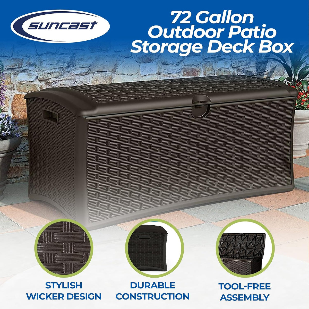 suncast 72 gallon resin outdoor patio storage box, close-up detail