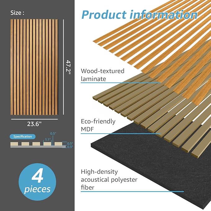 Art3d 4 Pack 47.2 x 23.6in. Wood Slat Acoustic Panels - Image 5