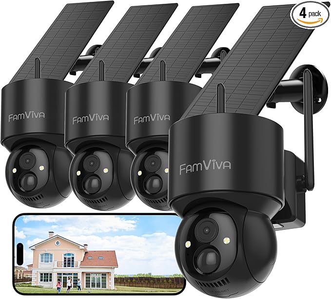 FAMVIVA 2K Solar Security Cameras Wireless Outdoor, 360°PTZ Battery Powered by FamViva