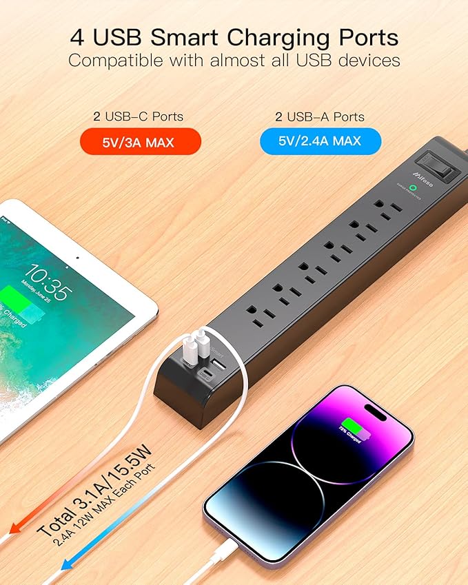 2 Pack Surge Protector Power Strip, 6 Outlets 4 USB Charging Ports, 12Ft - Image 4