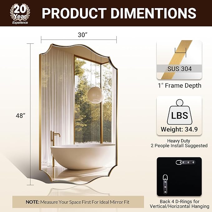 ANDY STAR 30x48 Inch Gold Bathroom Mirror, Large Brushed Gold Rectangle Mirror - Image 2