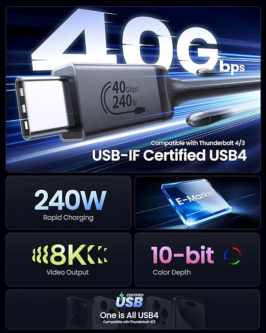 Silkland USB 4 Cable for Thunderbolt 4 Cable 3.3FT, 40Gbps Data Sync, 8K/5K@60Hz - Image 2