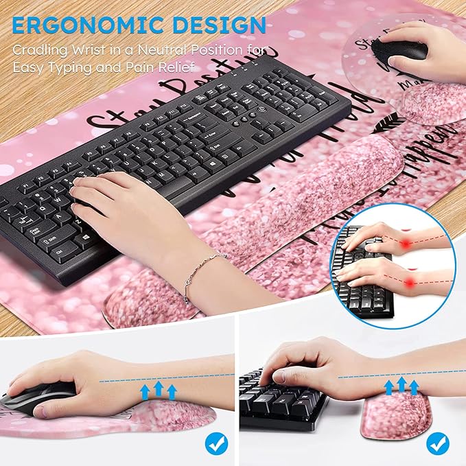 iCasso Mouse Pad, Large Pink Desk Mat Set, 4in1 XXL Mousepad + Keyboard Wrist - Image 3