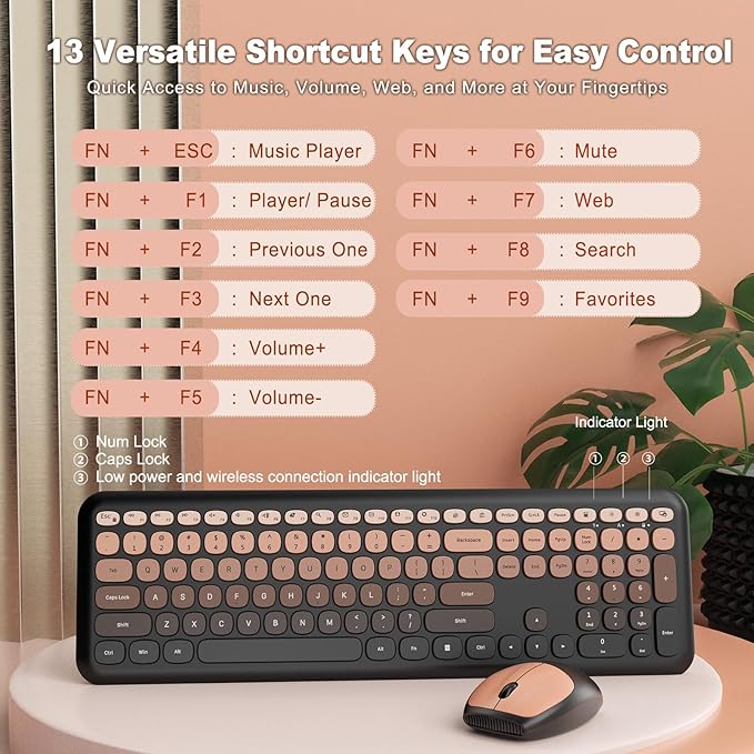 HotFox Wireless Keyboard and Mouse Combo, Full-Size Retro Typewriter Keyboard - Image 6