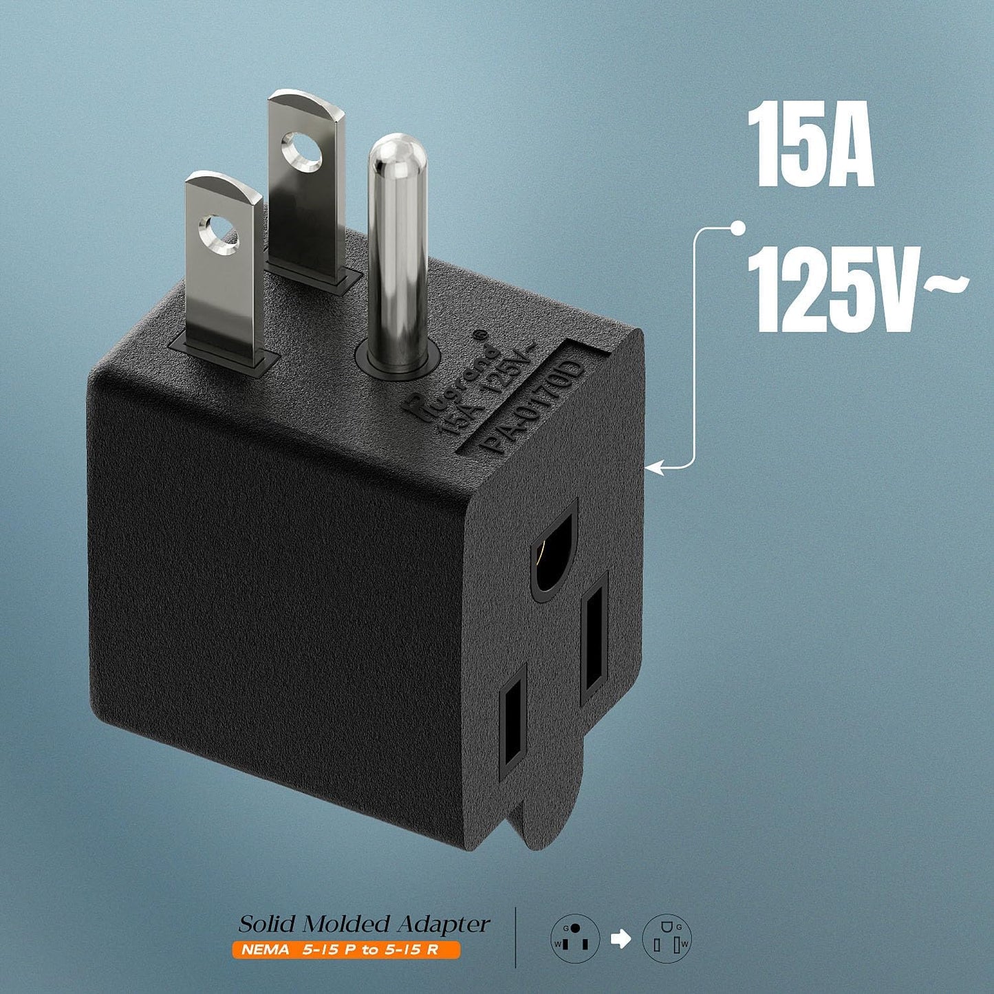 ETL Listed 90 Degree NEMA 5-15P USA 3 Prong Male-Female Adapter | 90 Degree Downward Angled USA Male to Female Power Adapter, 5-15P to 5-15R Direction Changer Space Save, Black, PA-0170D