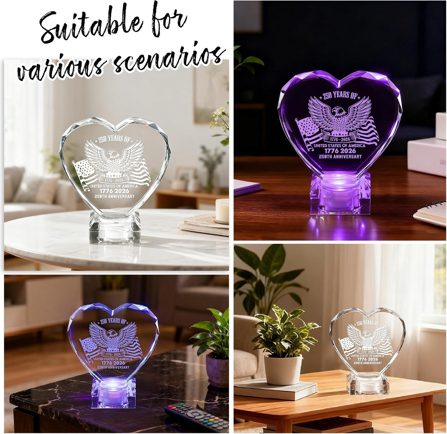 250th Anniversary 1776-2026 Heart Crystal LED Lamp, Engraved Crystal Night Light with Auto Color Changing, USB Powered Desk Decor Lamp for Men Women Veterans History Lovers