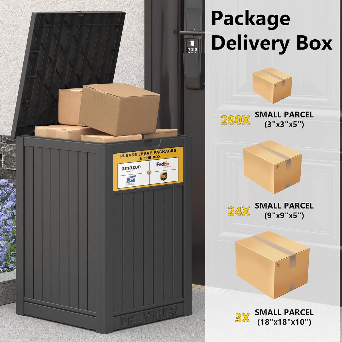 lhbgo package delivery box for outside with sign showing dimensions