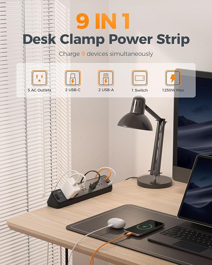 Desk Clamp Power Strip Black, TESSAN 6 Ft Flat Plug Extension Cord - Image 3