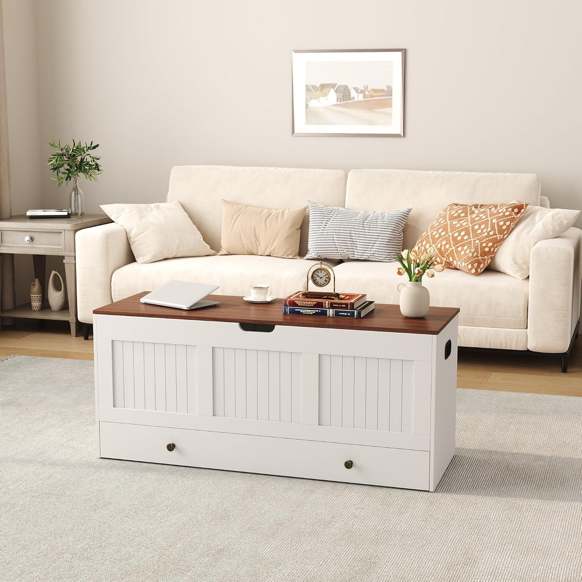homefort 44.3" storage chest with 2 drawers, retro, front angle view
