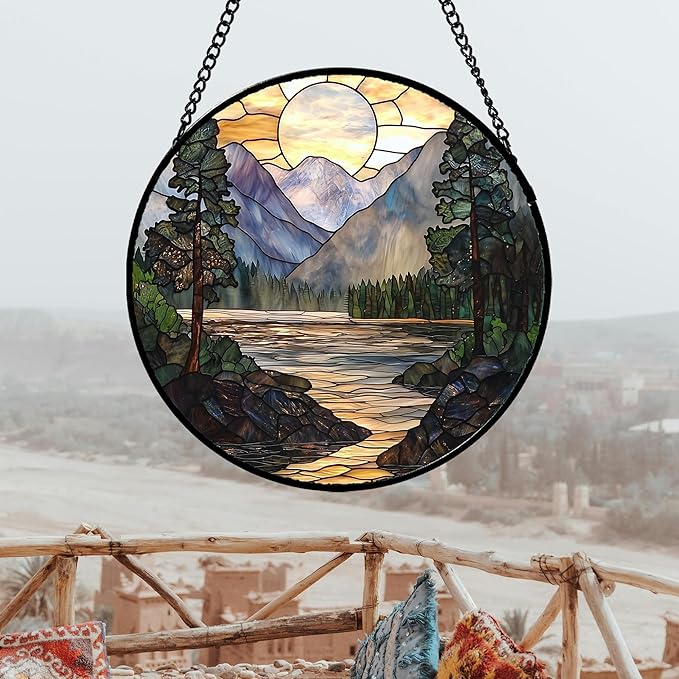 AMDERVEN Stained Glass Window Hanging, Sunset Mountains Lake Tree Sun Catcher - Image 4