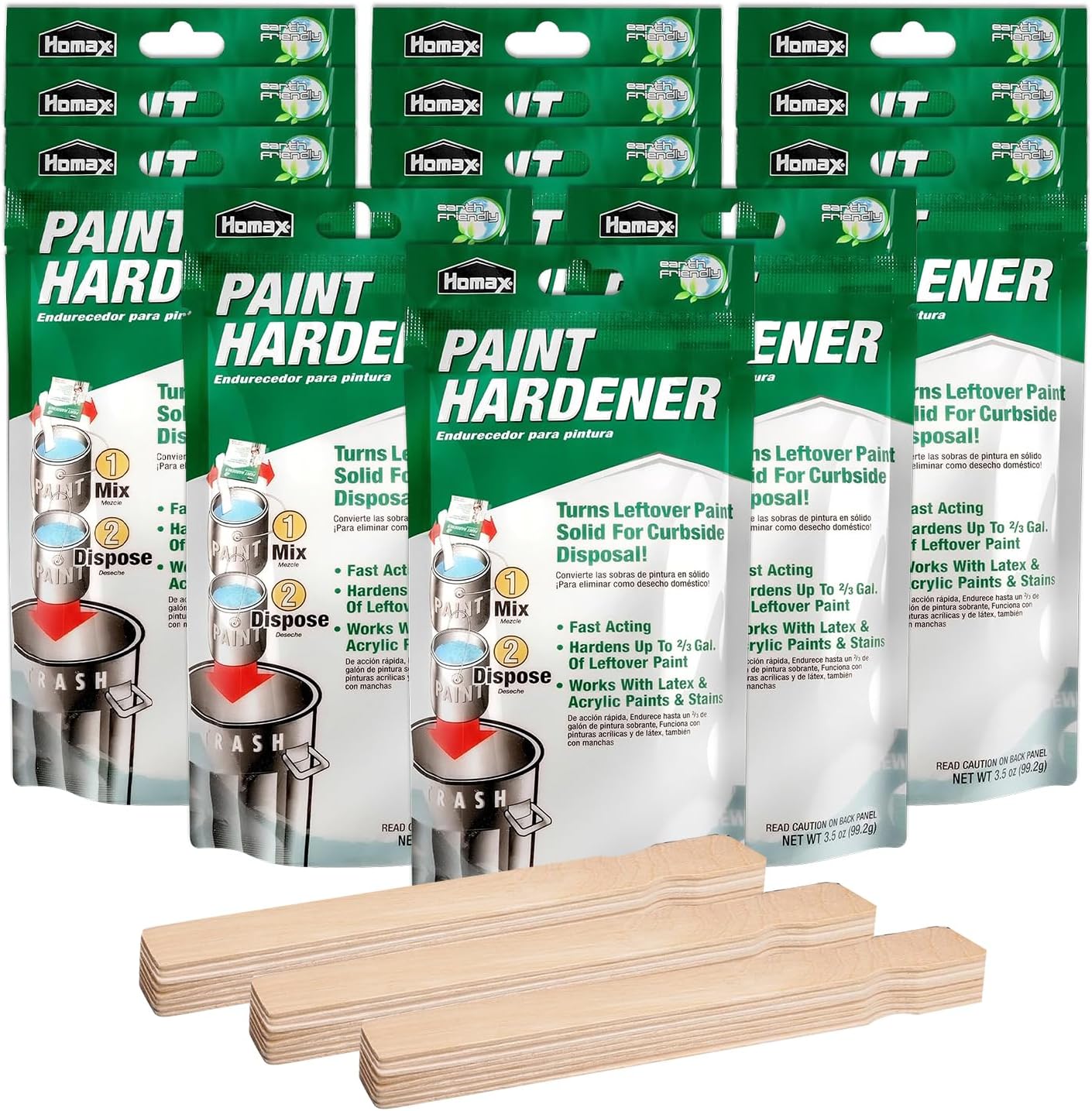 HOMESPHERE Homax Paint hardener for Disposal, Paint Drying Powder, 12 Packs | 3.5oz Packets- Fast Acting Solidifier - for Acrylic & Latex Paint with 25 Pcs. of 14 Inch Wooden Stir Sticks