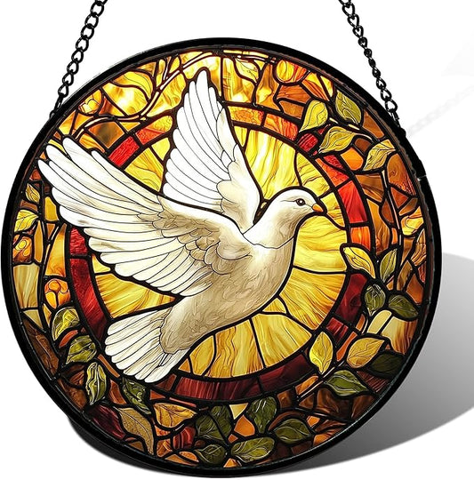 DASTOLL Stained Glass Window Hanging, Flying White Dove Sun Catchers Diamond by DASTOLL