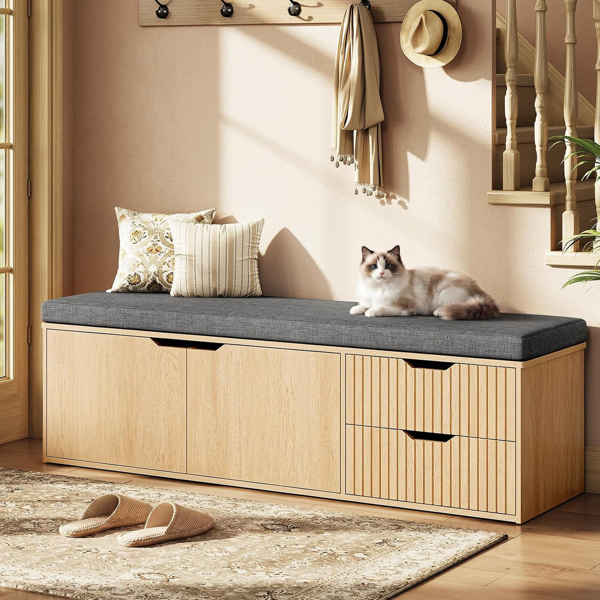 59" storage bench with drawer, 2-tier shoe bench, main product view