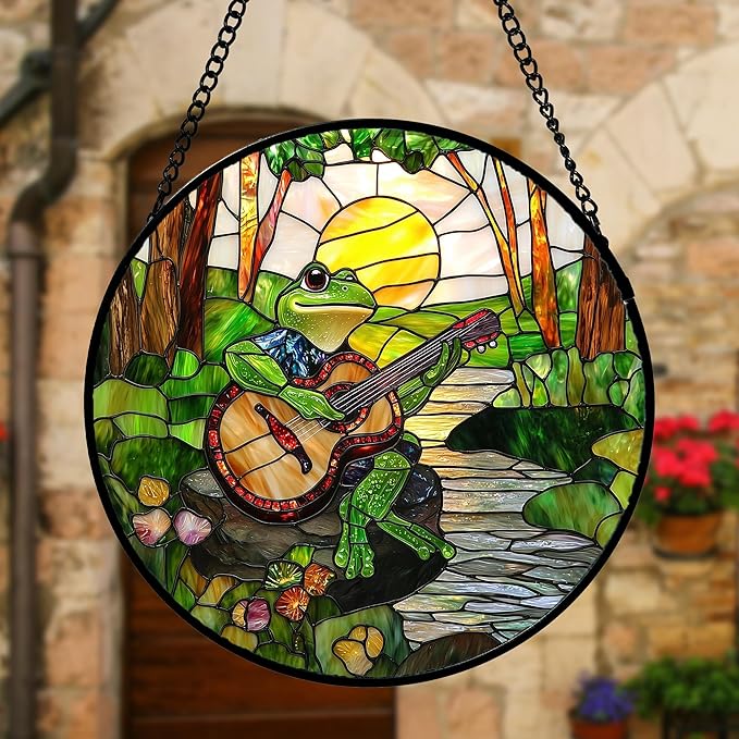 DASTOLL Stained Glass Window Hanging, Frog Playing Guitar Suncatcher Diamond - Image 5