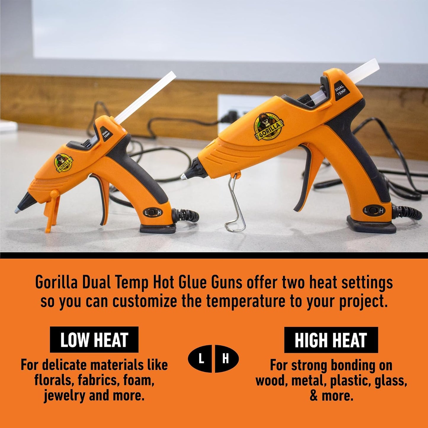 Gorilla Dual Temp Full Size Hot Glue Gun, Precision Nozzle | Easy Squeeze Trigger for Comfort, Enhanced Safety Features, Great for DIY, Craft, Repairs, and More