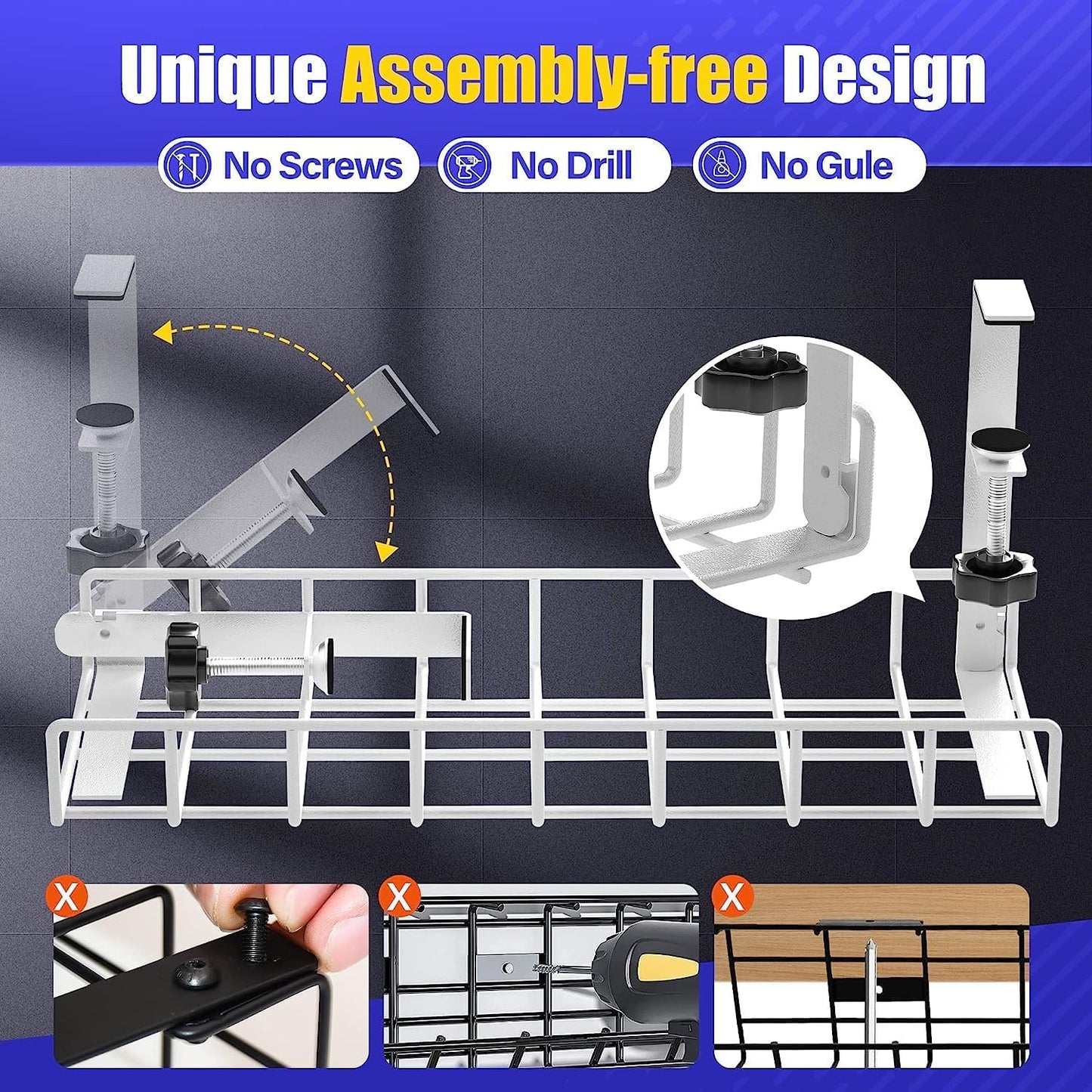 Under Desk Cable Management Tray, Xpatee Upgraded Wire Management No Drill No Screws, Cable Tray with Clamp for Wire Organizers, Computer Cord Rack for Office, Home - No Damage to Desk White