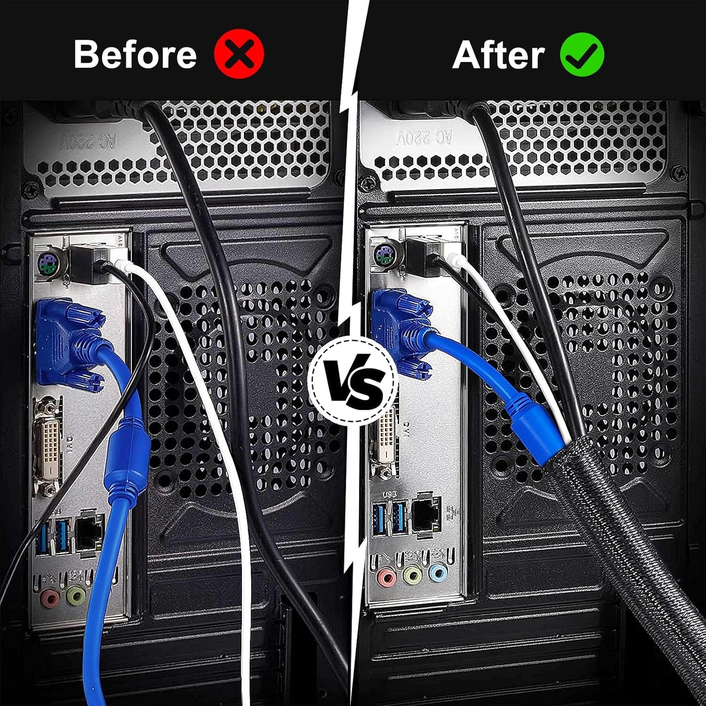 1/2" Cable Management Loom Wrap Sleeve Cord Wire Hider Organizer Covers | ELECFUN 8ft, Split, Braided Protector, Computer USB TV, Protect Cat Dog Pet from Chewing, Self, Black