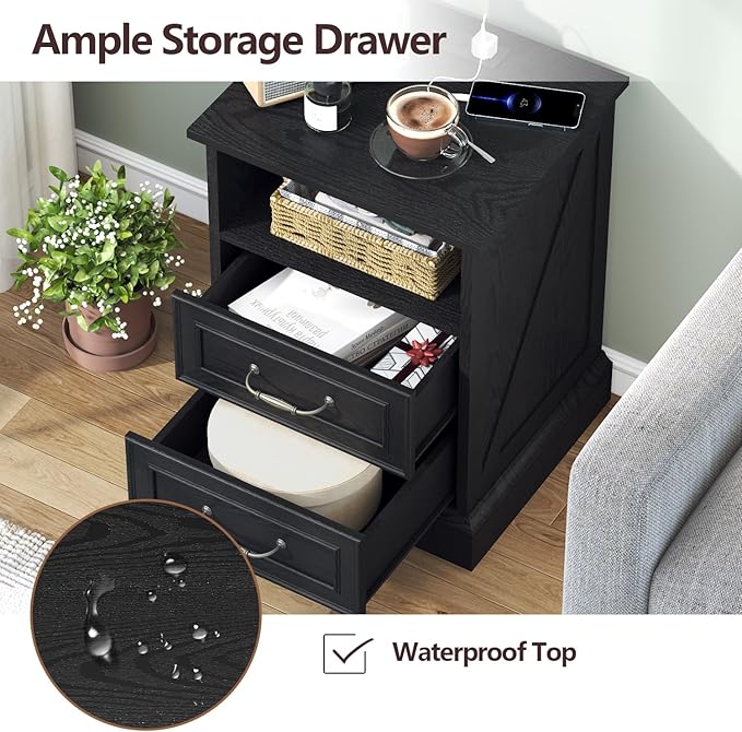 Nightstand with Charging Station, Rustic Farmhouse Wood Small Dresser, Bedside - Image 6