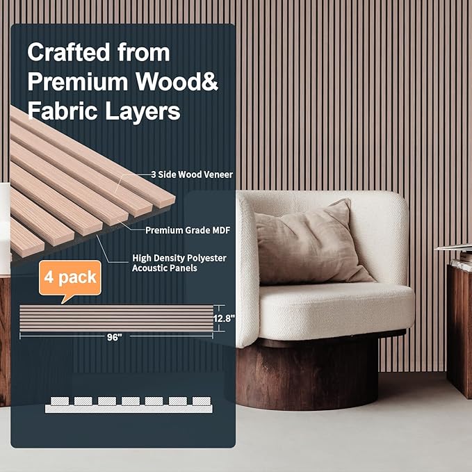 NeatiEase Wood Slat Wall Panels, 4-Piece 96" x 12.6", Soundproof Acoustic Wall - Image 2