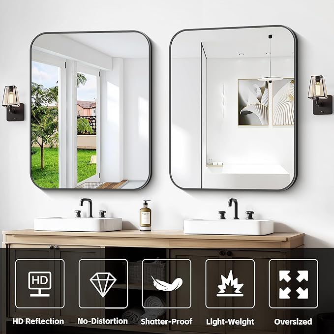 Bathroom Mirror, 30 x 24 inch Metal Framed Black Rectangle Mirror, Rounded - Image 6