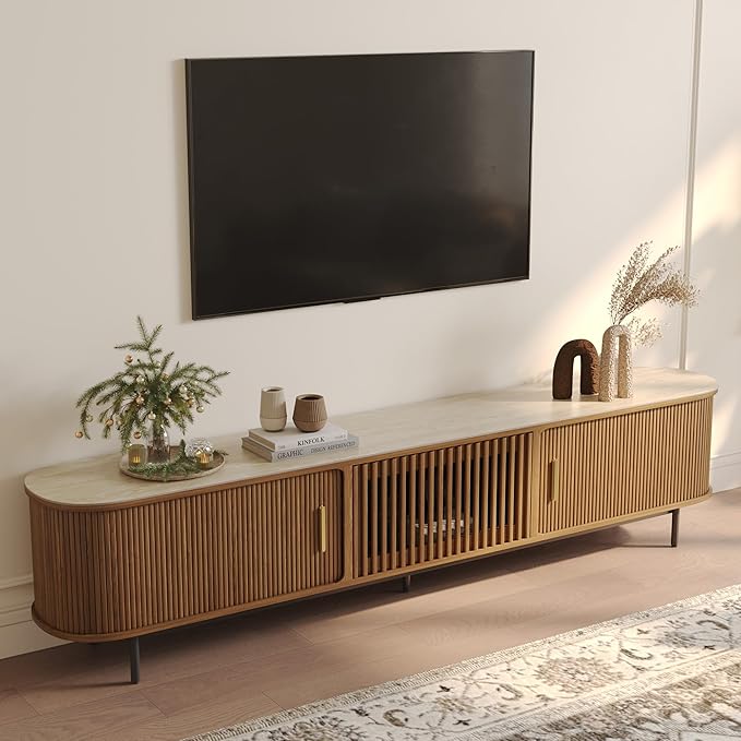 POVISON Sliding Tambour Door TV Stand, Mid Century Modern Sintered Stone TV by POVISON