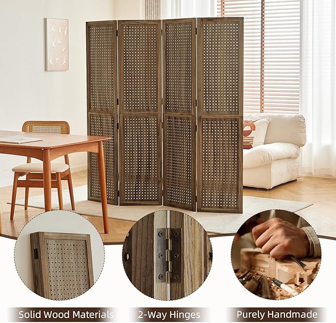 Leesinwing 4 Panel Wooden Room Dividers, 5.6FT High Plug-in Folding Screen Made - Image 6