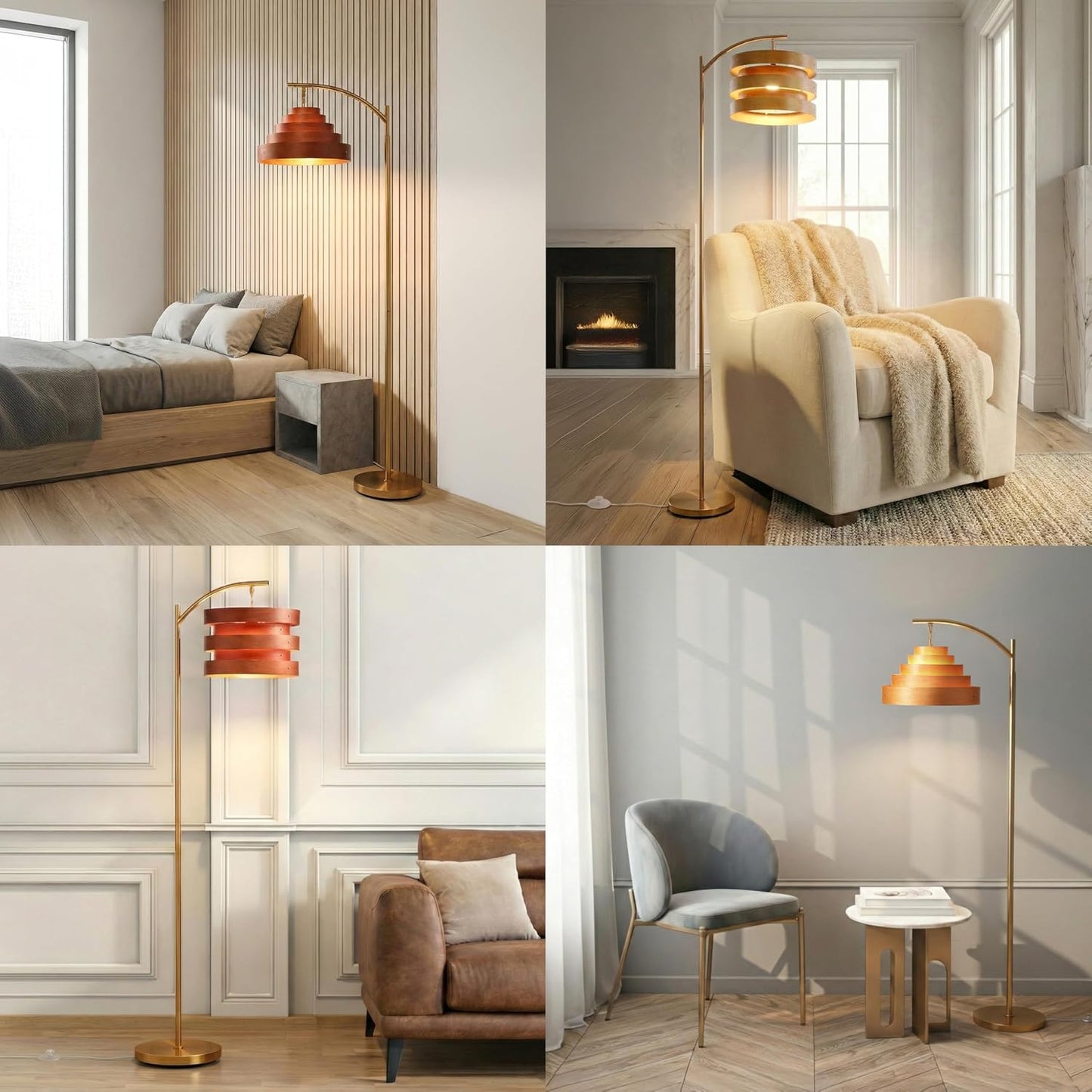 O’Bright Strata Wooden Floor Lamp - Mid Century Modern Standing Lamp with Layered Wood Shade, Tall Reading Lamp for Living Room, Bedroom, Office, Antique Brass, Dark Oak, Cascade Shade