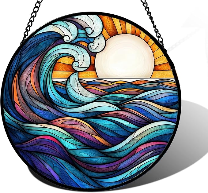 DASTOLL Stained Glass Window Hanging, Big Wave Sun Suncatcher Diamond Glass by DASTOLL