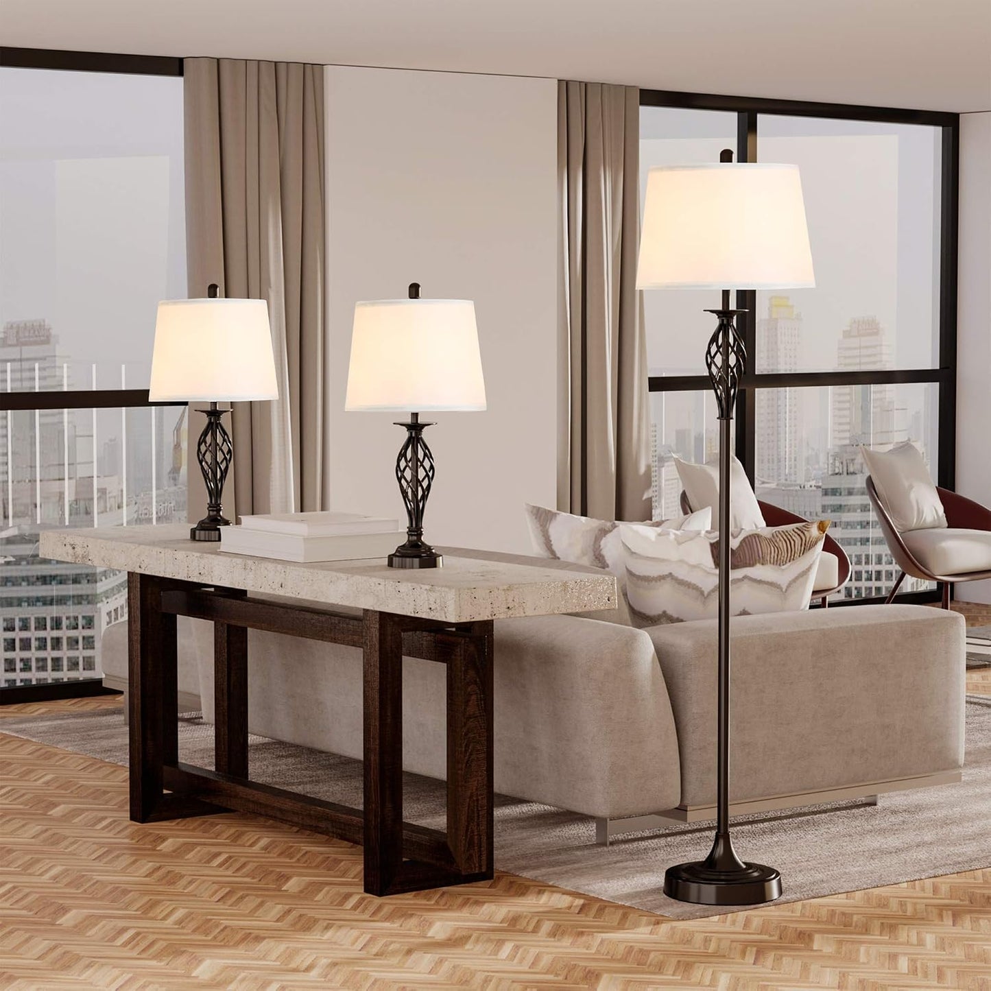 HOMCOM 3 Piece Table Floor Lamp Set with Metal Pole Round Base Black/White | Fabric Lampshade, for Living Room