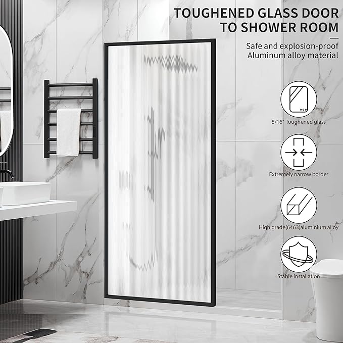 Shower Door 34" X 74" Clear Tempered Fluted Glass Framed Shower Screen Shower - Image 2