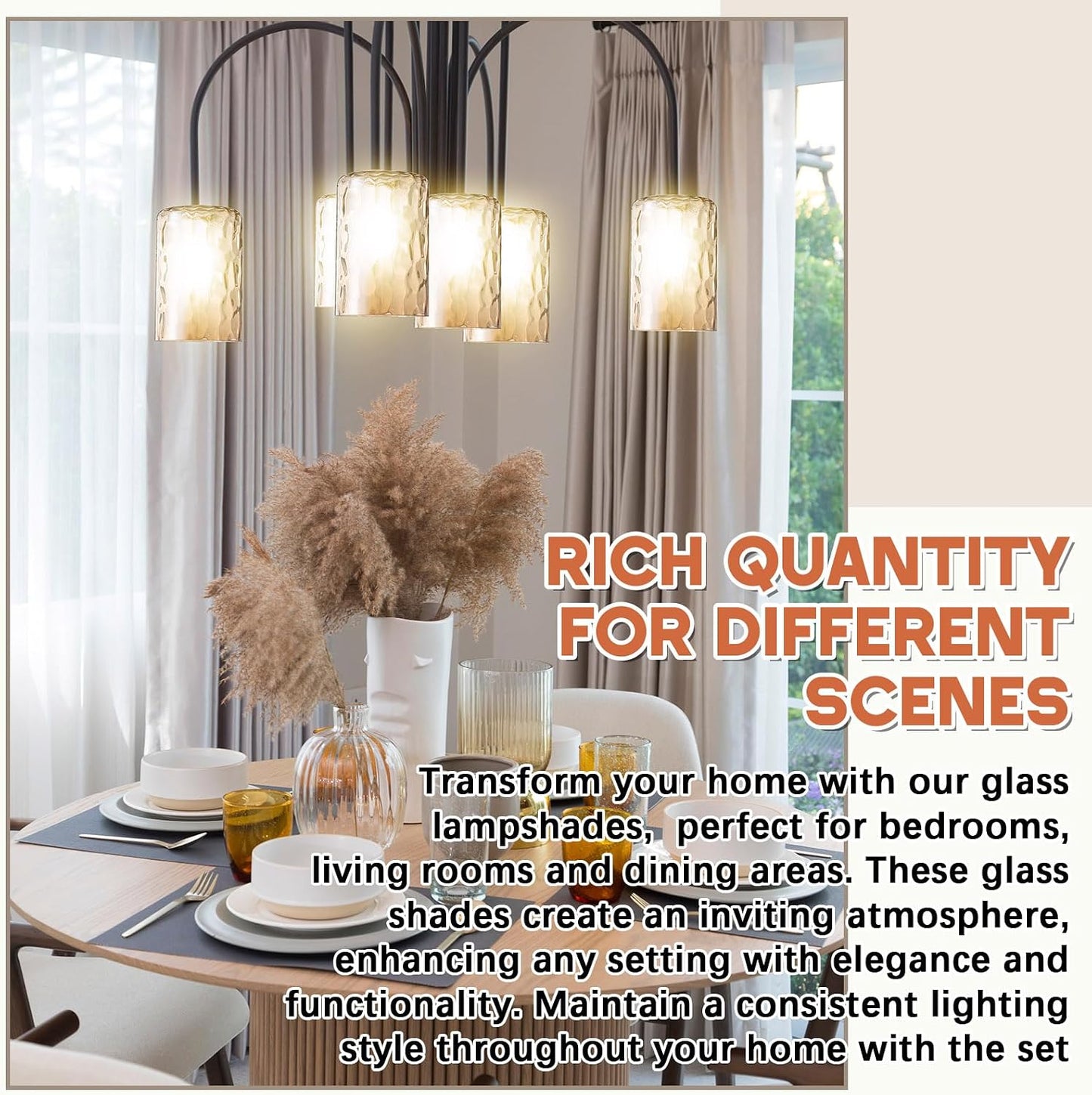 Teenyyou 3 Pcs Amber Hammered Glass Shade Replacements for Pendant Light Fixtures Glass Lamp Shade Cover, 1-5/8 Inch Fitter Base, 4"w x 6"h, Replacement Lamp Globe for Chandelier Wall Sconce