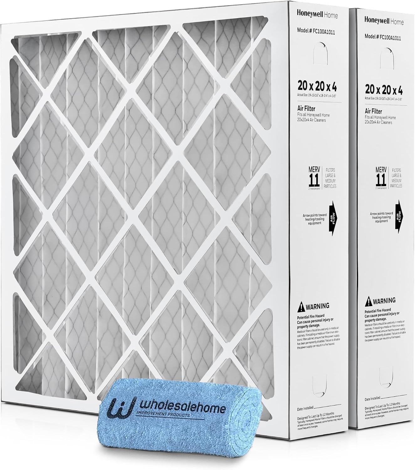 20x20x4 Air Filter Replacement MERV 11, FC100A1011 Pleated HVAC AC Furnace Filters with Wholesalehome Cleaning Cloth, 2-Pack (Actual Size: 19.94 x 19.75 x 4.38 Inches)