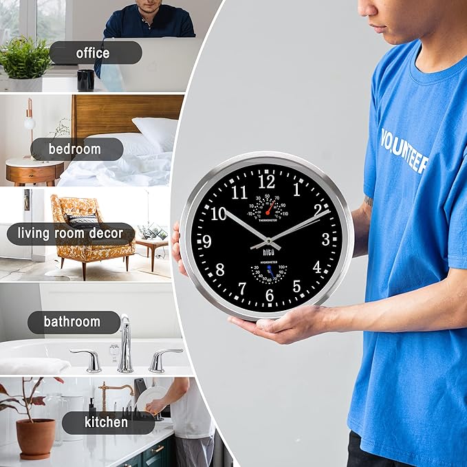 HITO 12 Inch Silent Wall Clock Battery Operated Non Ticking Glass Cover Silver - Image 6