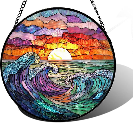 DASTOLL Stained Glass Window Hanging, Clouds and Sea Waves Suncatcher Diamond by DASTOLL