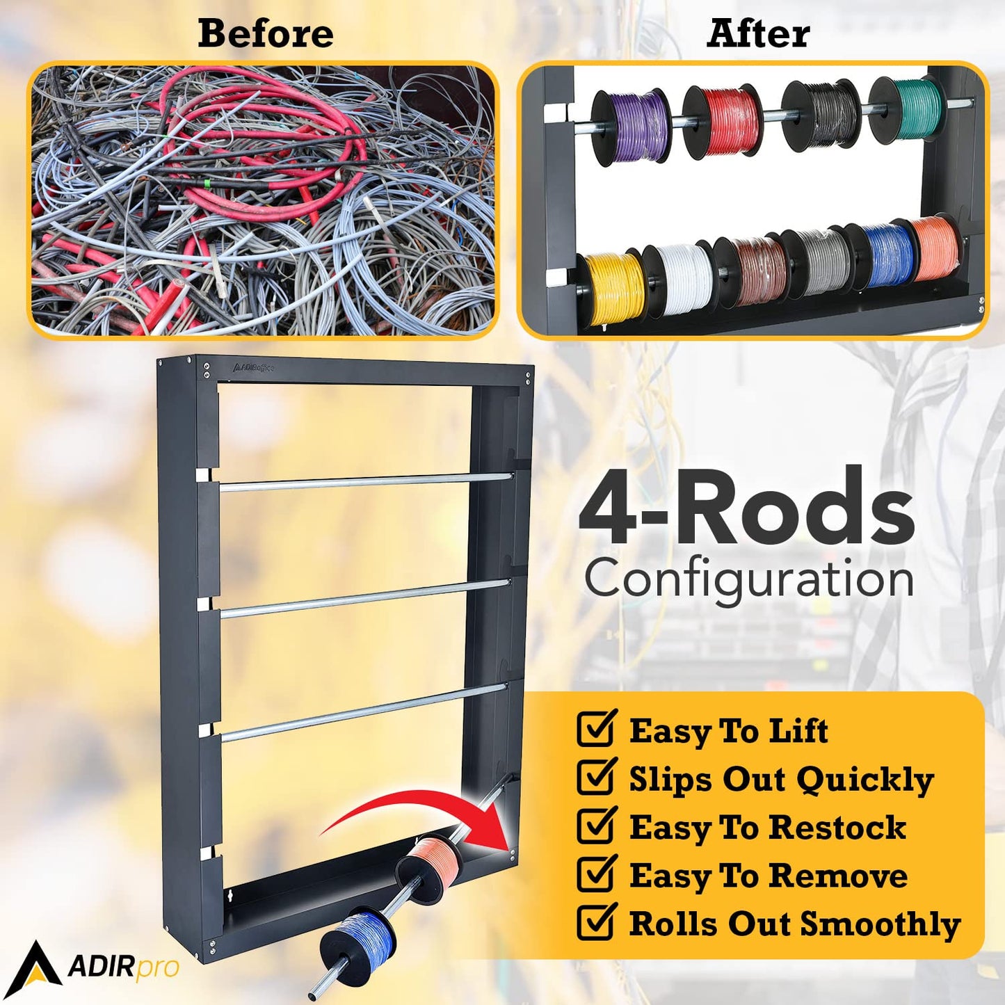 AdirPro Wire Spool Rack - Superior Strength Wire/Cable Dispenser - Conduit Display & Storage for Electrical Industrial & Retail Use (4 Rods, Grey)