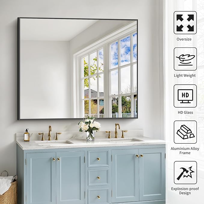 40x48inch Black Bathroom Mirror, Large Rectangular Wall Mirrors - Image 3