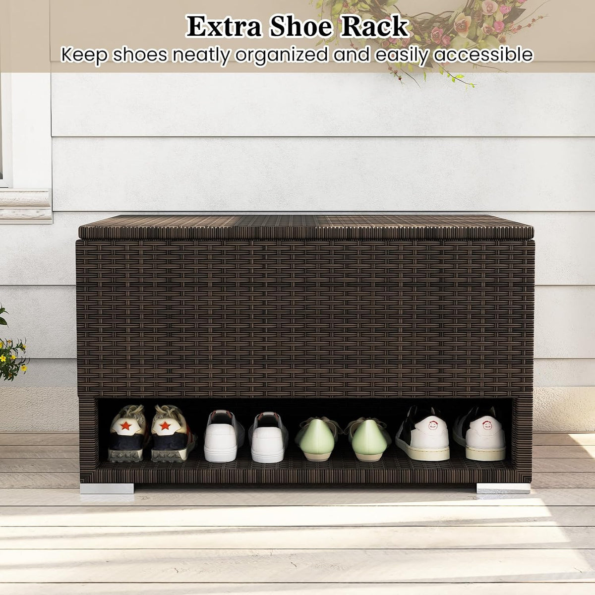 tangkula 48 gallon rattan outdoor storage box with, side view