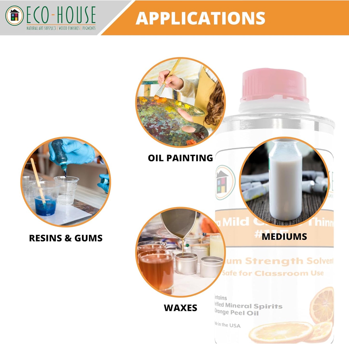 Eco House 115 Xtra Mild Paint Thinner – Citrus Scent, Low Odor, Safe Alternative to Turpentine – Eco-Friendly Solvent for Oil Paints, Natural Resins & Varnishes – 3.78L (1 Gallon)