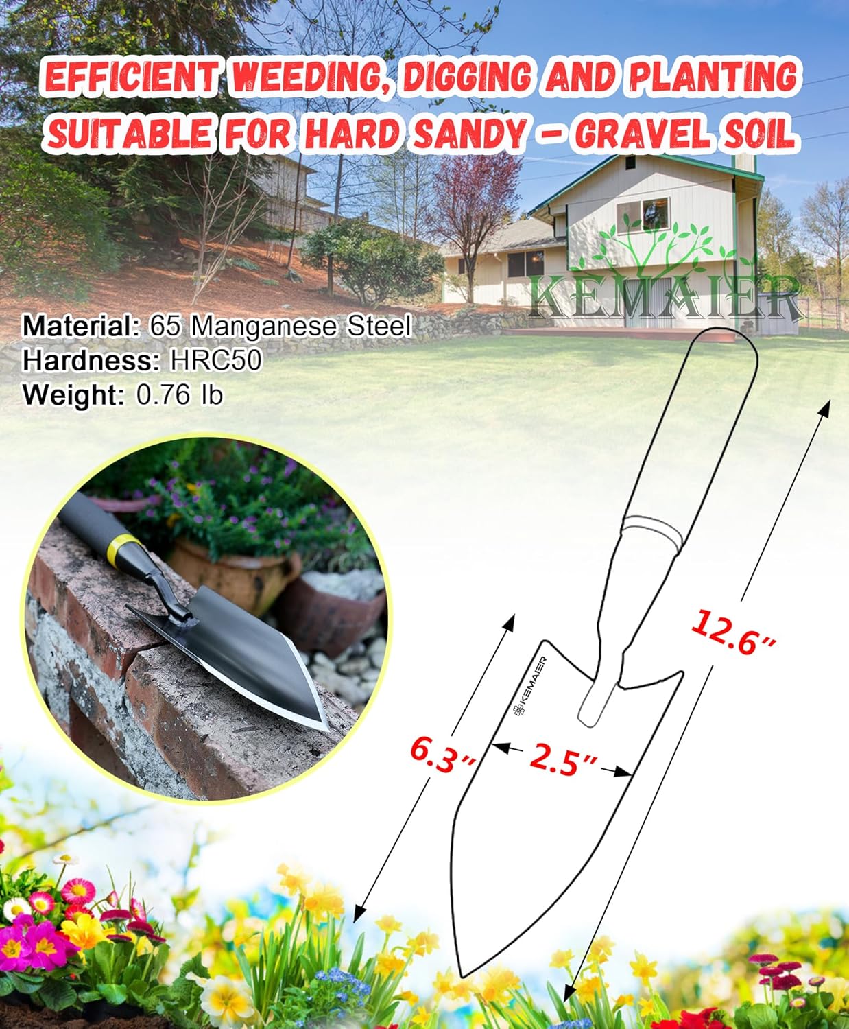Kemaier Heavy Duty Gardening Hand Trowel - Carbon Steel Shovels Tool | Sharp Weeding, Precision Digging, Industrial-Duty Garden Spade, Engineered for Pros Who Demand More