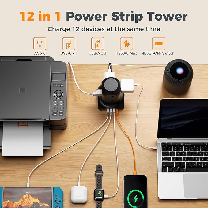 Black Surge Protector Power Strip Tower, TESSAN Flat Plug Extension Cord 10Ft - Image 4