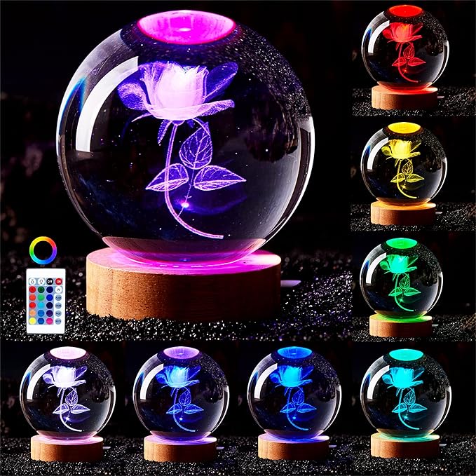3D Rose Crystal Ball Lamp, 3.15 inch Crystal Ball Night Light by Conalisk