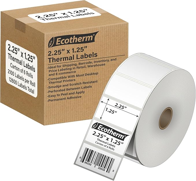 2.25" x 1.25" Thermal Labels | 6 Rolls | 12600 Labels | fits Zebra, Offnova by EcothermProducts