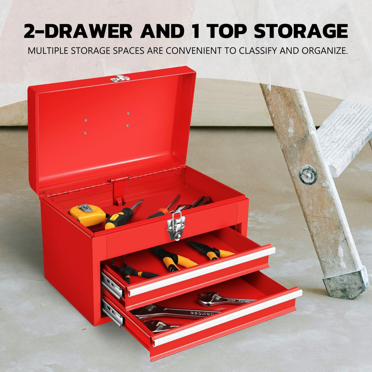 dna motoring 14 inch steel portable tool box, close-up detail