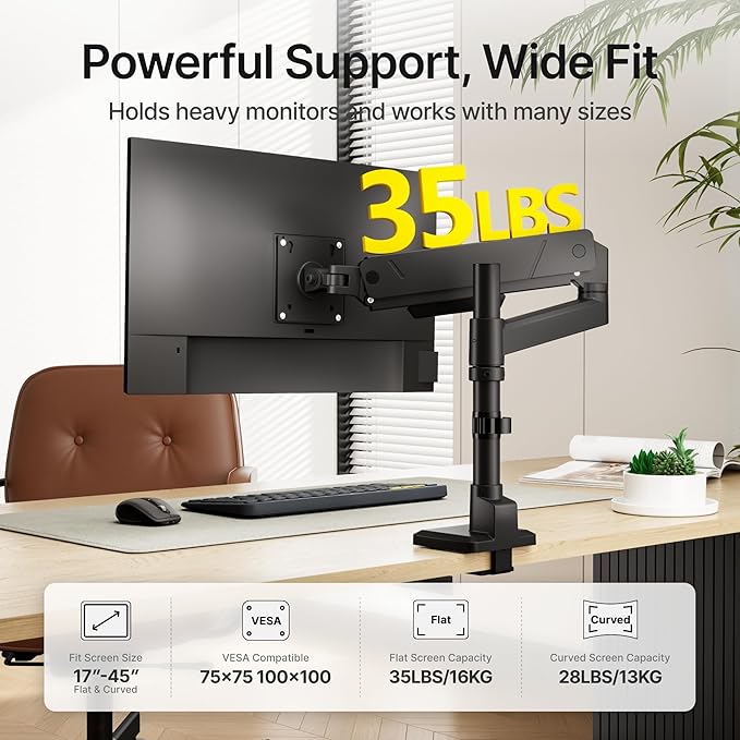 monTEK Tall Single Monitor Arm for 17 to 45 Inch Curved Screen Adjustable - Image 3
