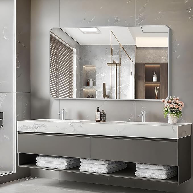 48x30 Inch Silver Bathroom Mirror, Metal Framed Silver Rectangle Mirrors - Image 3